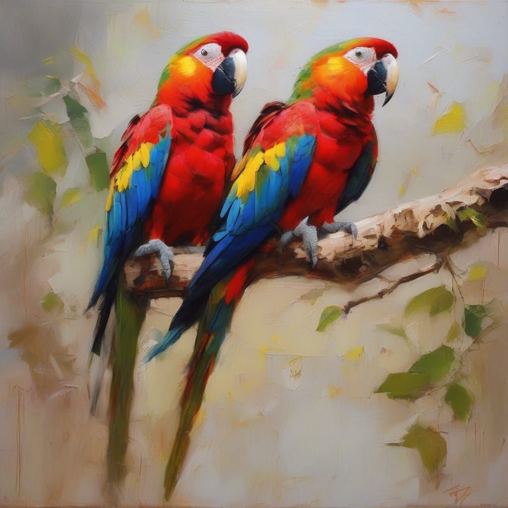Exotic Parrots in Sweeping Gestural Oil Painting