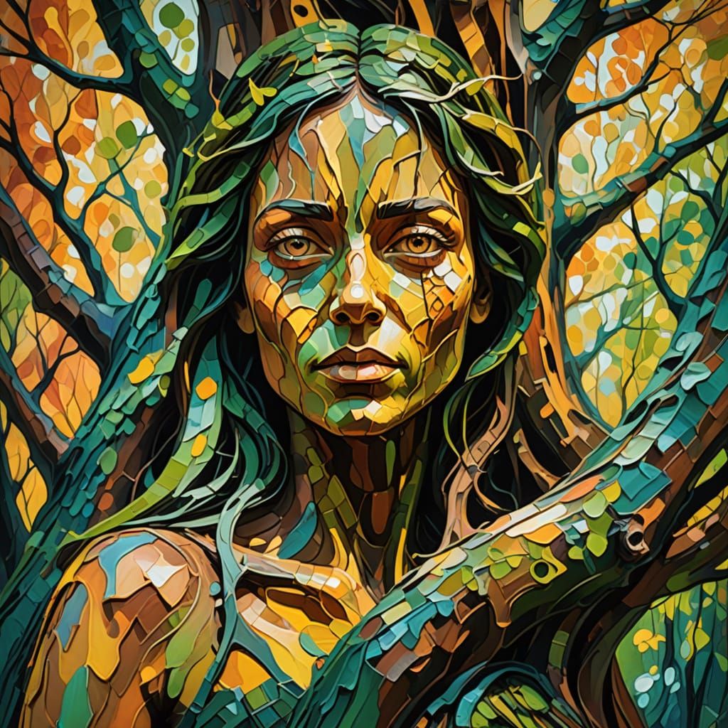 Dryad in Forest: Abstract Expressionist Oil Painting
