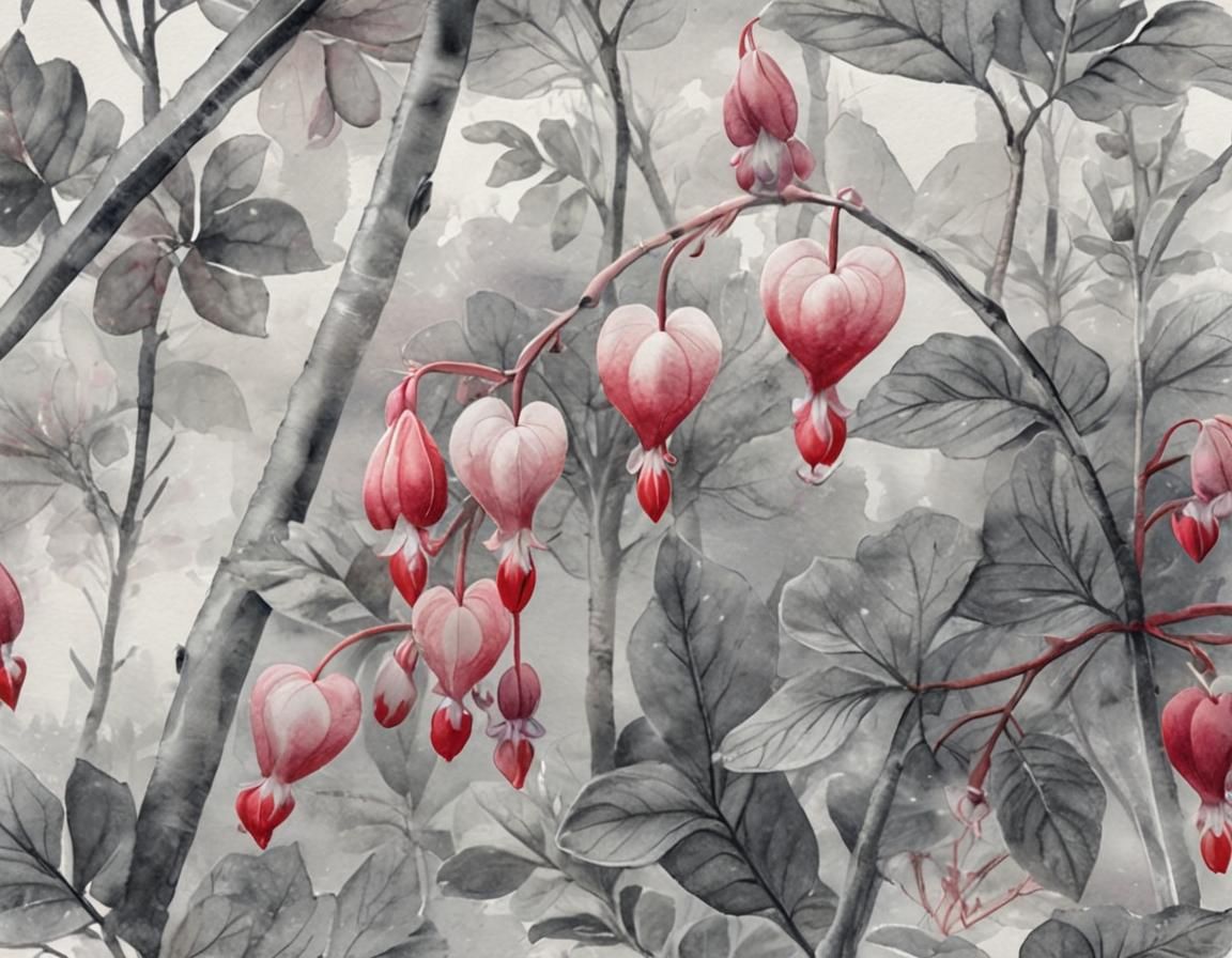 Monochrome Botanical Illustration with Red Bleeding Hearts