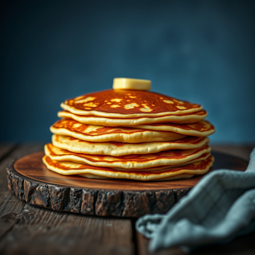Hyperrealistic Pancakes on Rustic Table, Dramatic Lighting