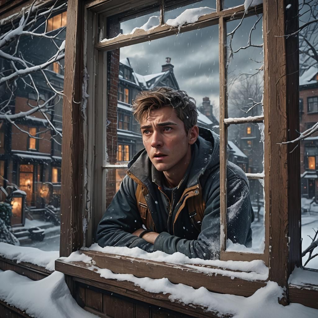 The younger brother looking out of his window, shocked and w...
