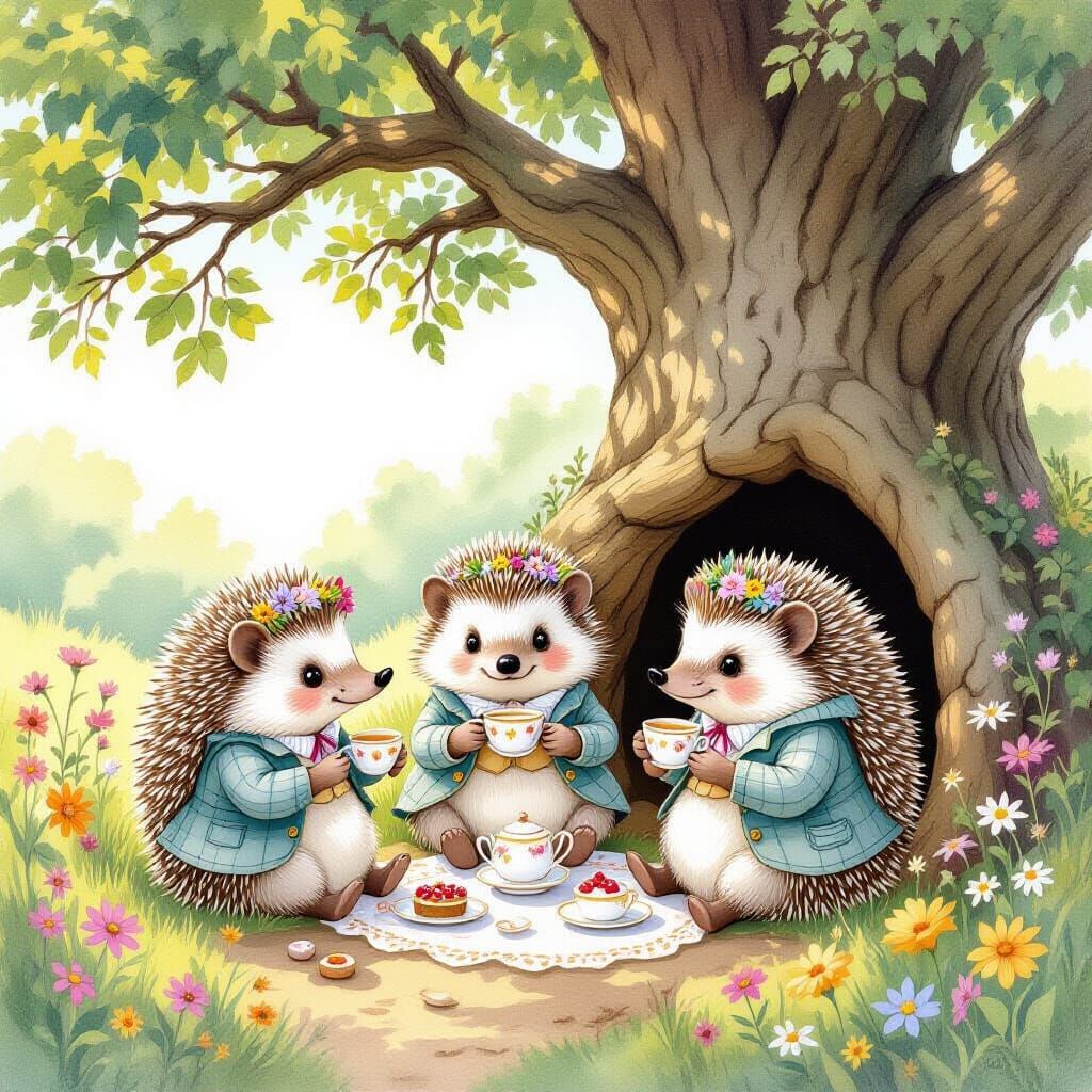 Hedgehogs' Tea Party in Watercolor Style
