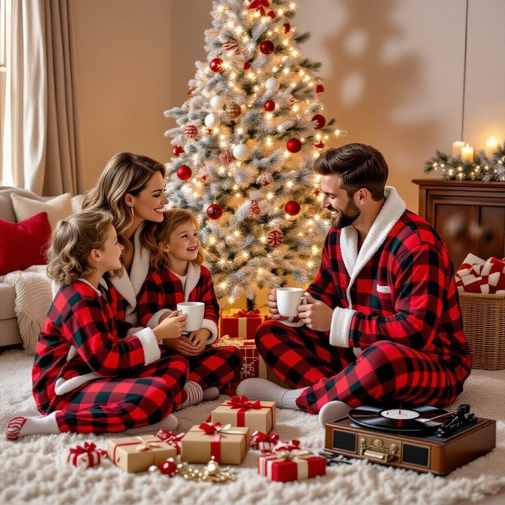 1960s Christmas Family Scene in Storybook Illustration