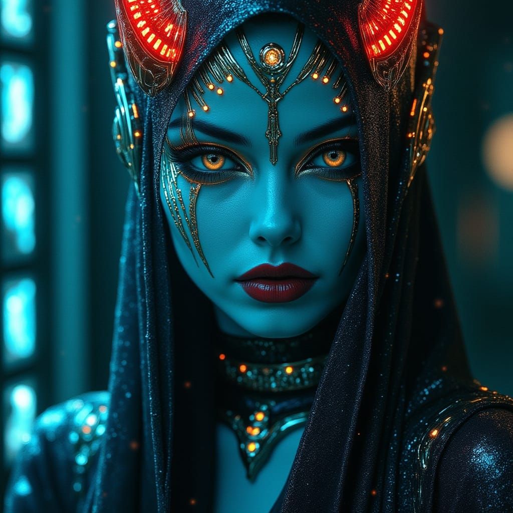 Glowing Blue Goddess in Neon Futuristic Chamber