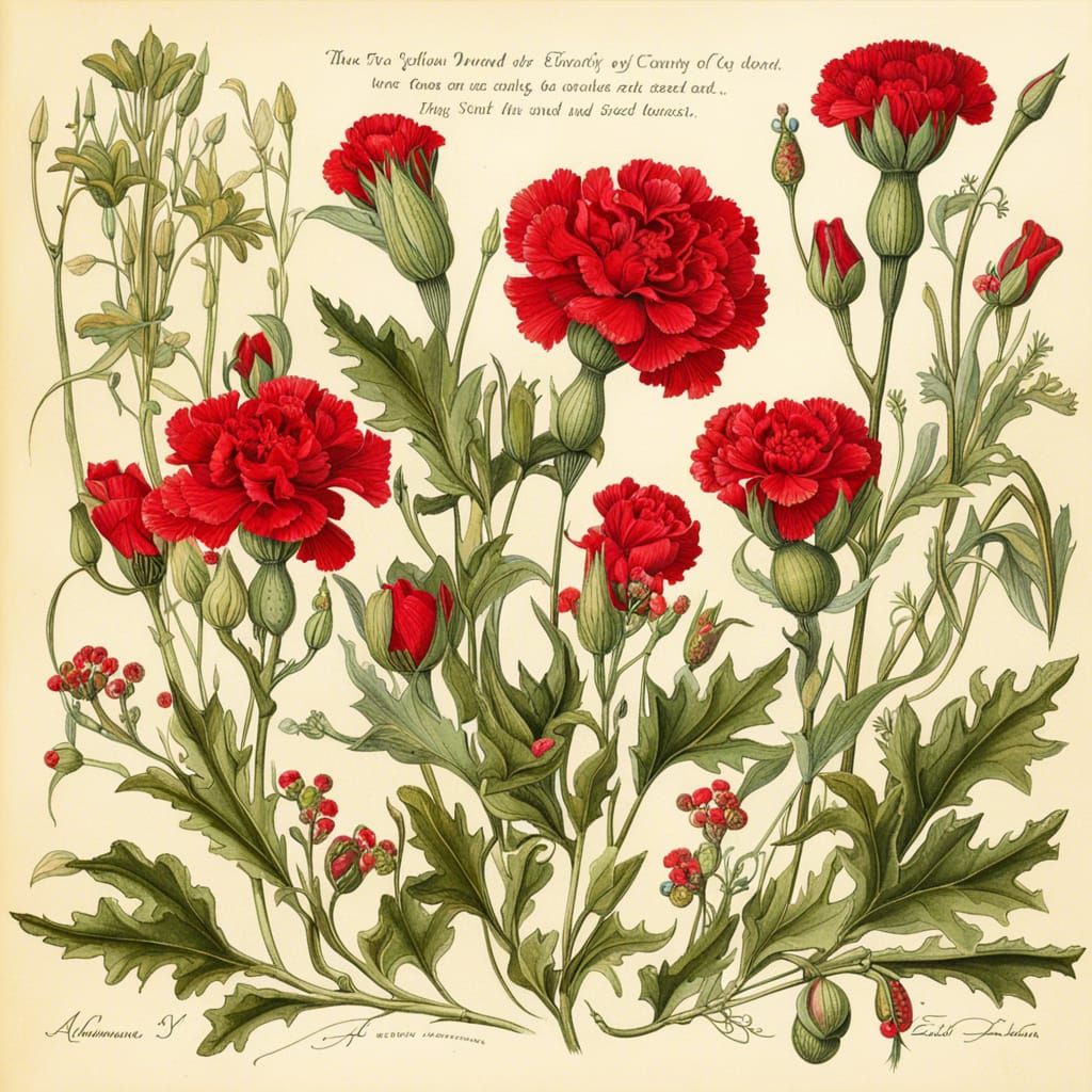 Botanical Illustration of Red Carnations in Ink