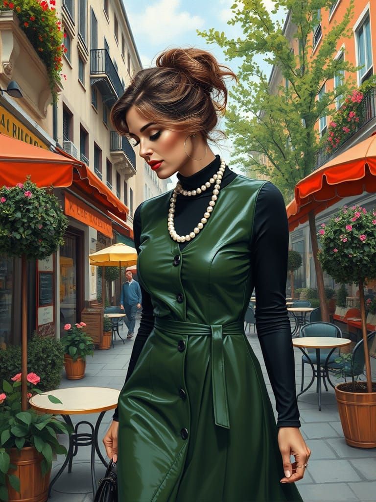 Woman in Elegant Green Dress Strolls Through Vibrant Citysca...
