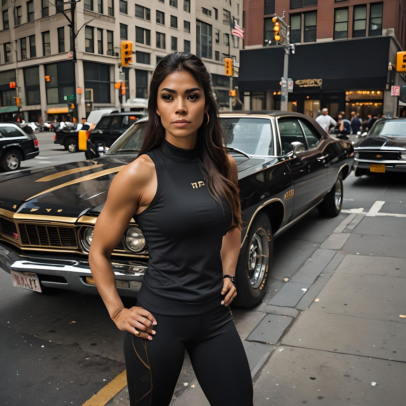 Confident Mexican Goddess Poses Beside Classic Muscle Car