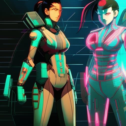 Anime Key Visual: Armored Women in Cyberpunk Style
