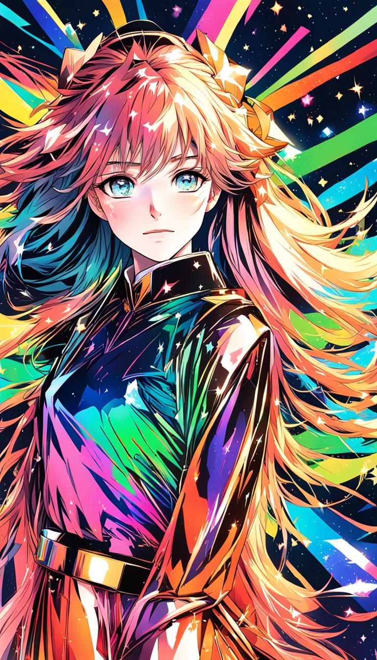 Anime Woman with Prismatic Effects in Cel-Shaded Style