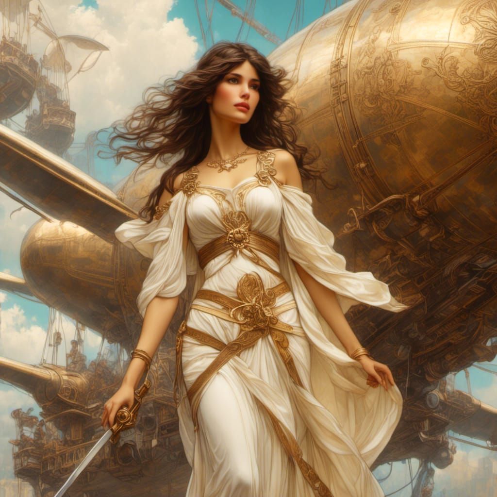 Woman on Airship in Art Nouveau Style