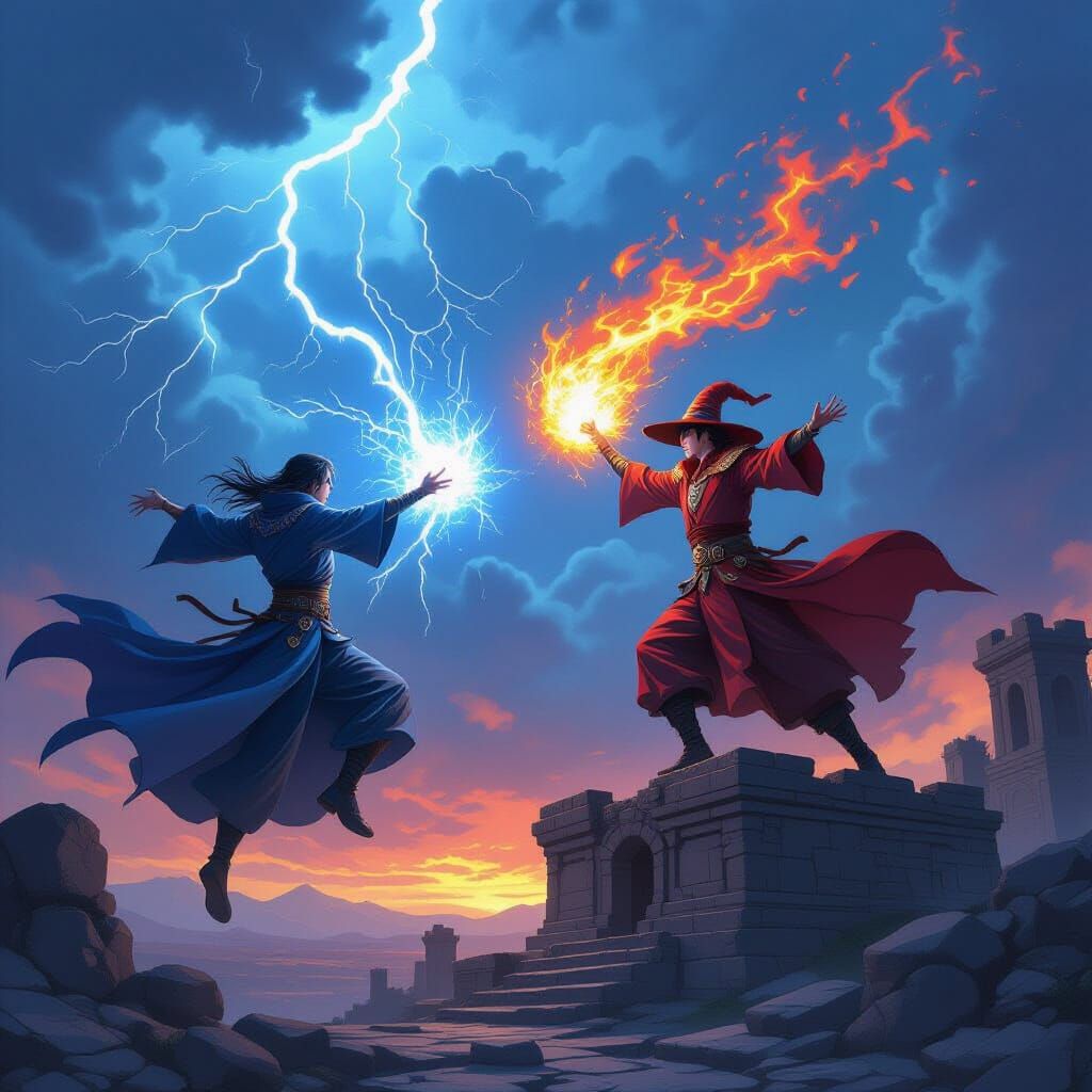 Rival Sorcerers Duel Amidst Ancient Ruins