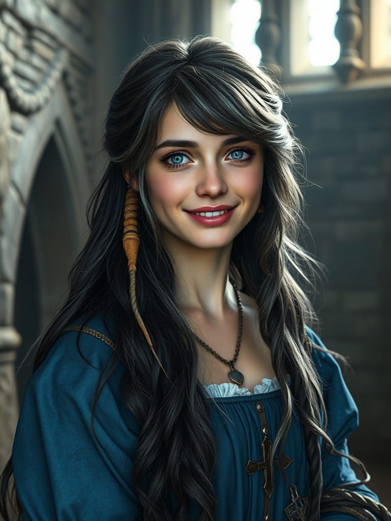 Medieval Queen Smiles Beneath Castle Banners in Vibrant Fant...