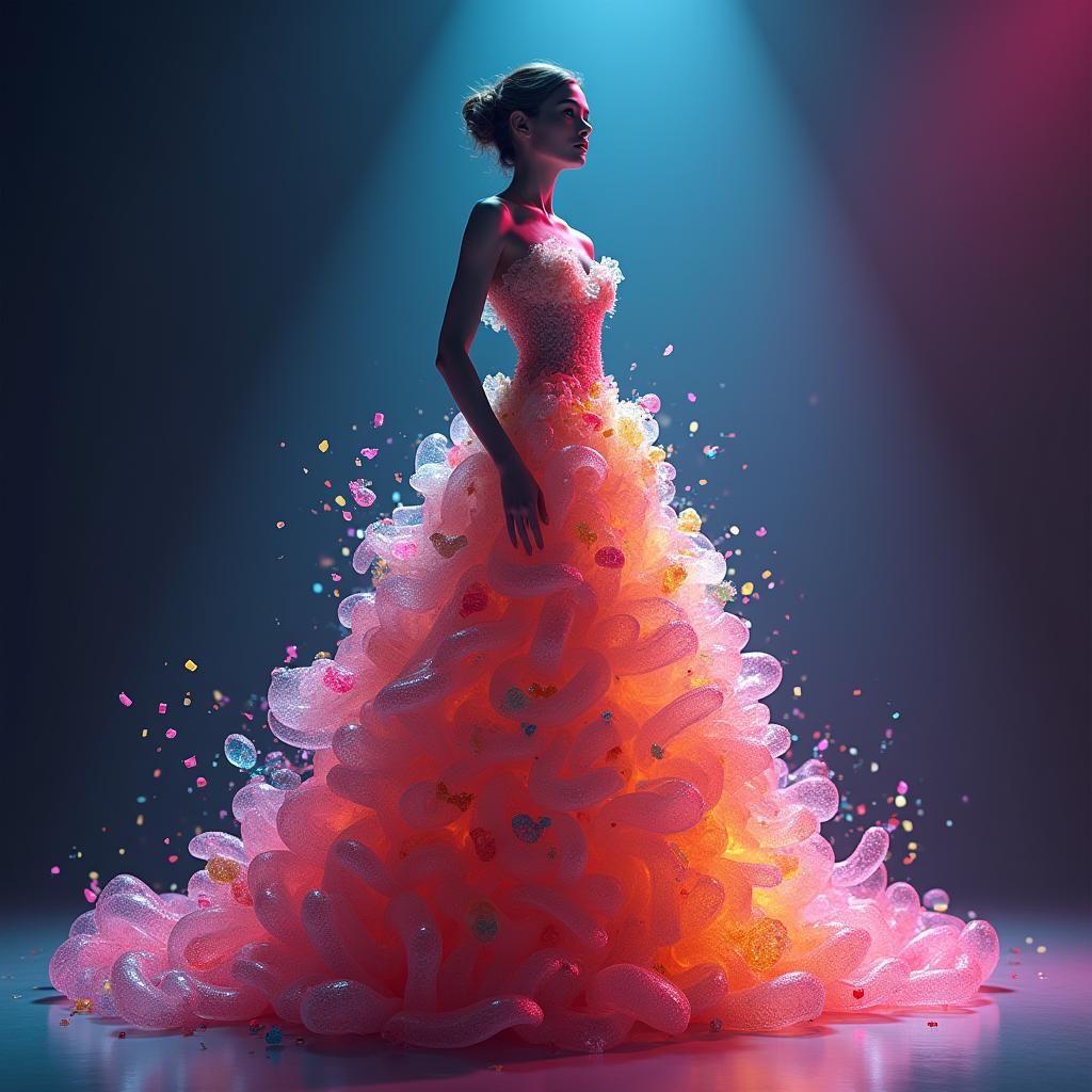 Gummy Gown: Hyperrealistic Model in Surreal Fashion