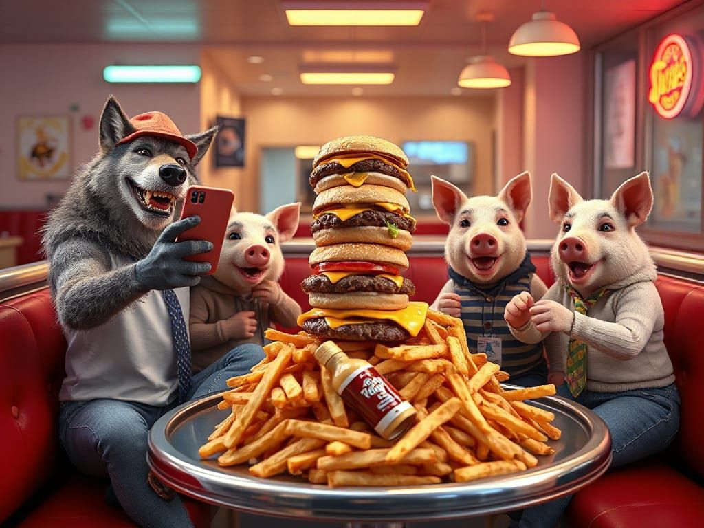 Wolf and Piglets Take Selfies at Retro Diner