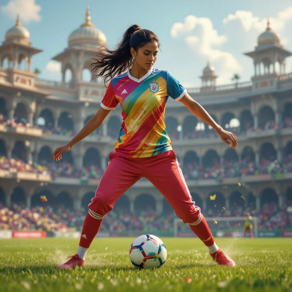 Indian Woman Plays Football: Matte Painting Style
