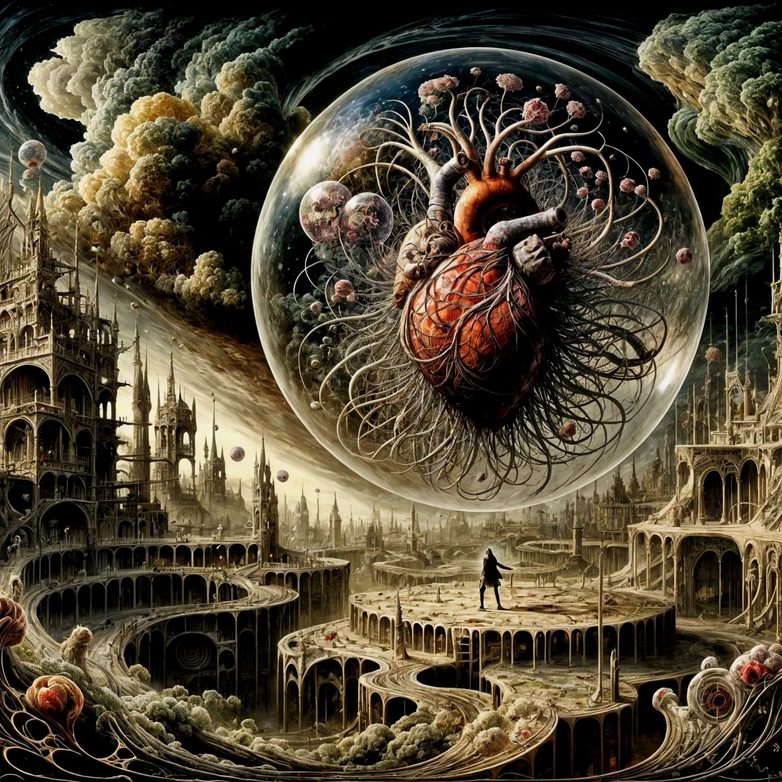 Figure in Bubble Drifting Through Surreal Landscape