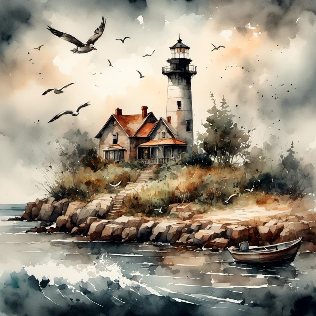 Coastal Lighthouse Village in Watercolor Style