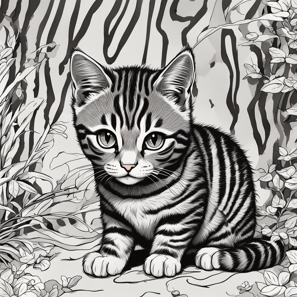 Striped Cat Coloring Page in Anime Style