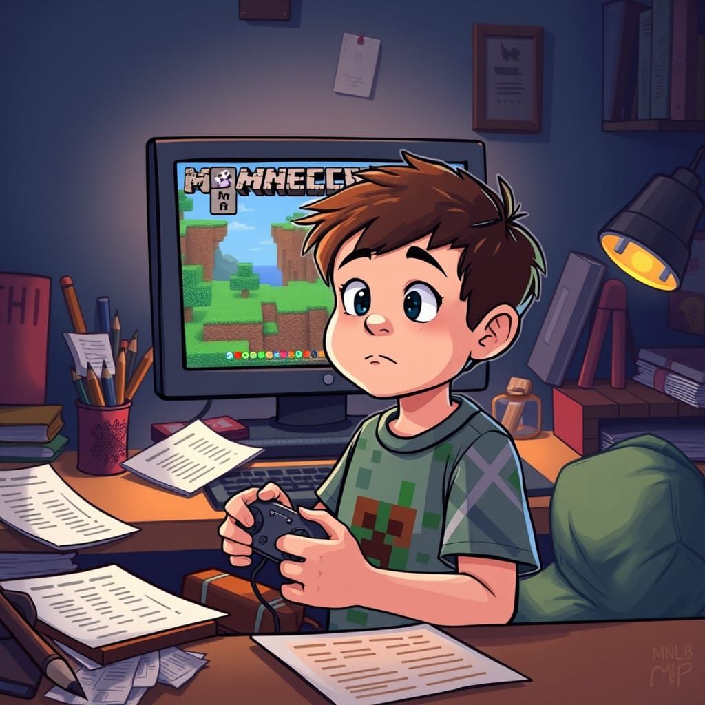 Young Gamer Lost in Minecraft World