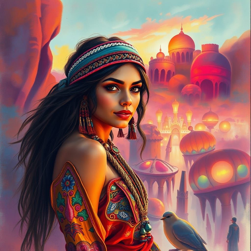 Gypsy Goddess Amidst Vibrant Oasis Chaos