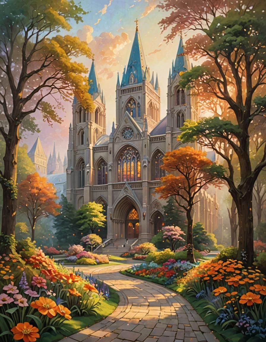 Cathedral with Orange Buttercup in Impressionistic Style