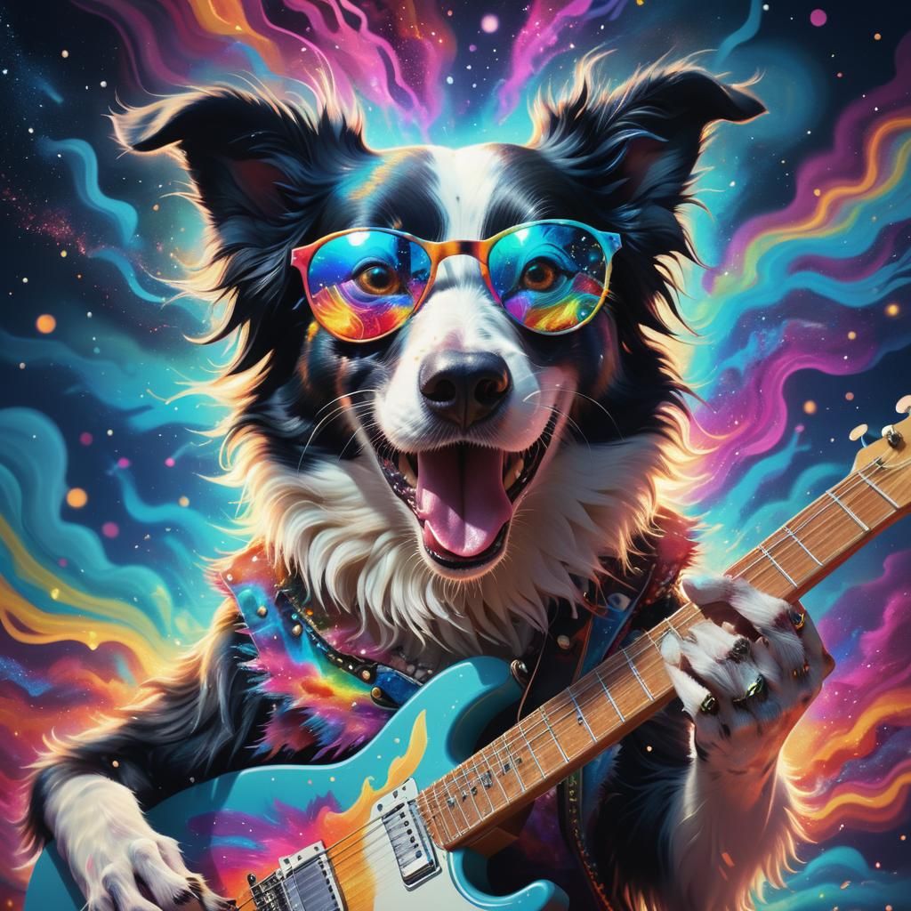 Cosmic Border Collie Guitarist in Surreal Style