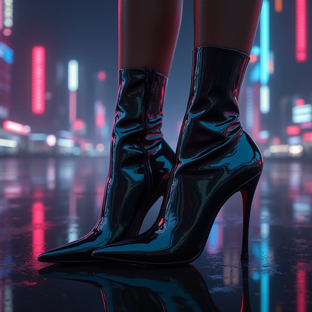 Futuristic Cityscape Reflected on Elegant Woman's Boots
