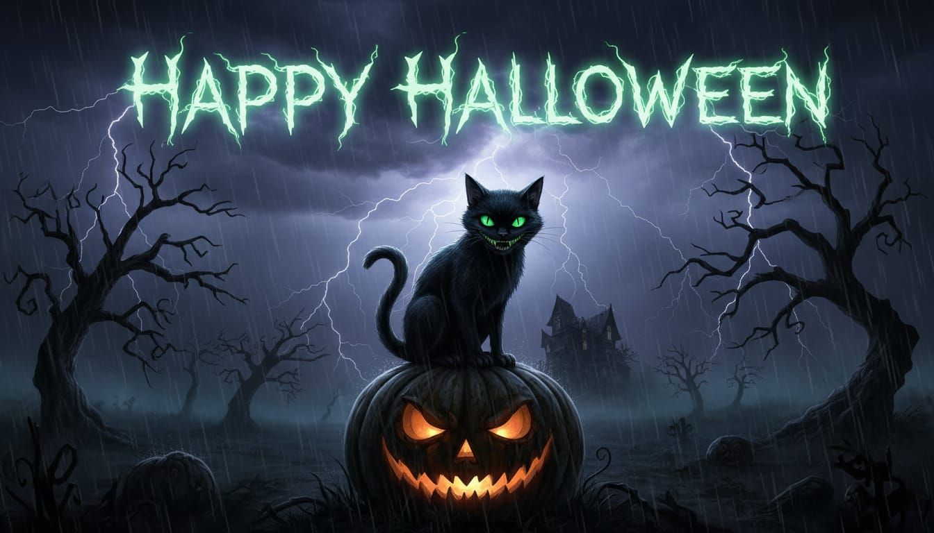 Eerie Halloween Night With Grinning Cat On Pumpkin