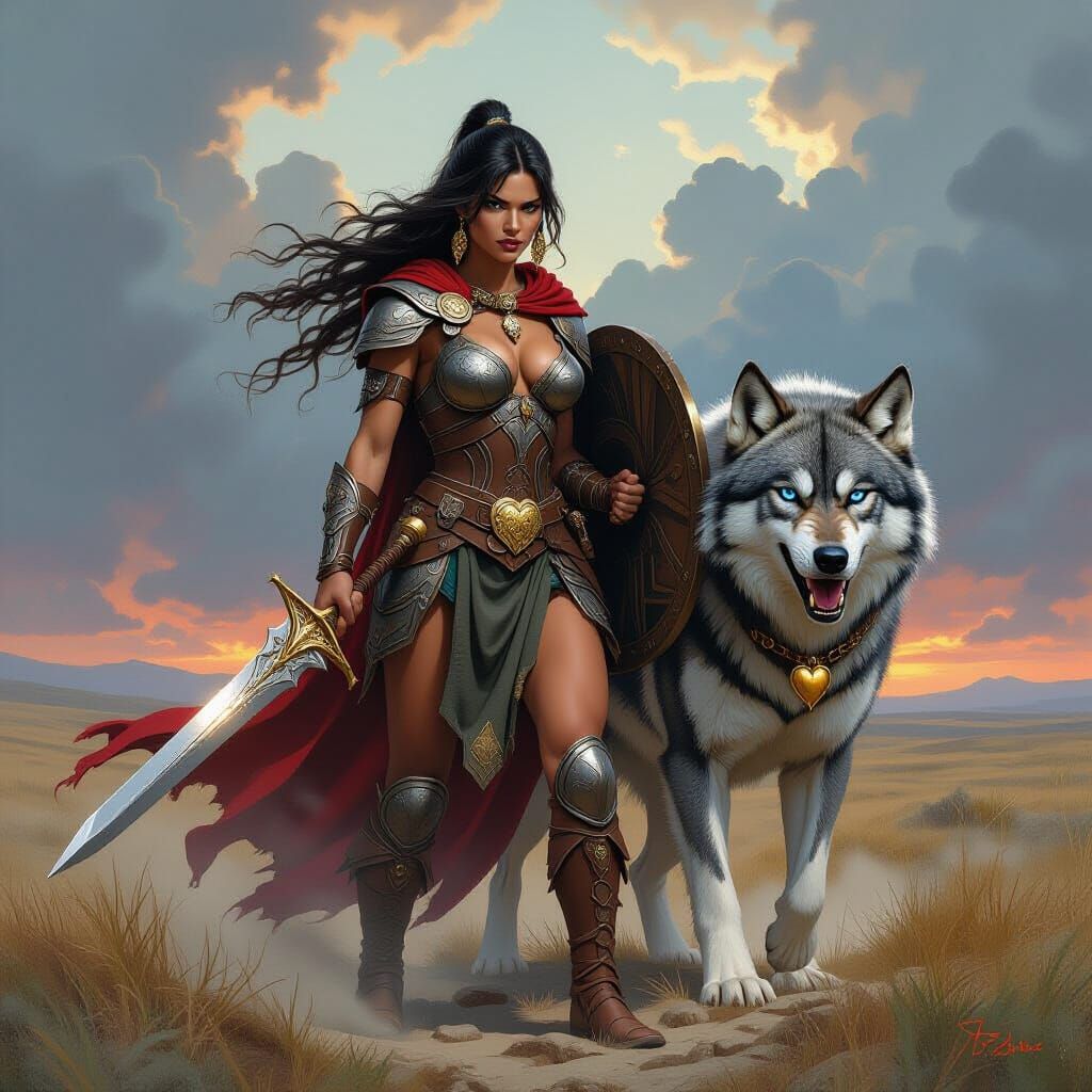 Amazon Warrior and Direwolf in Epic Battle Scene