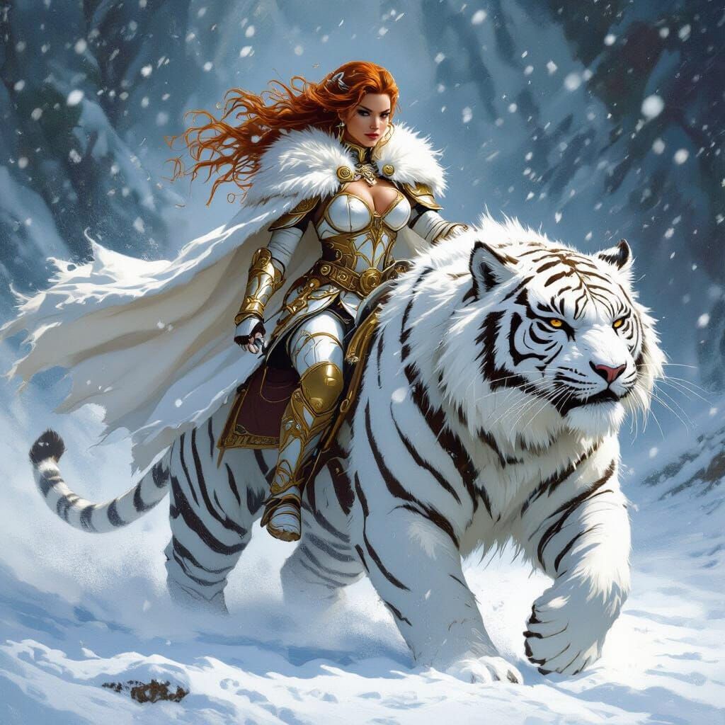 Armored Warrior Rides Tiger Through Blizzard