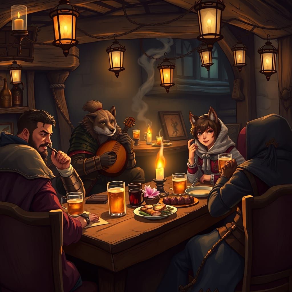 Fantasy Tavern Scene with Mergaf and Friends