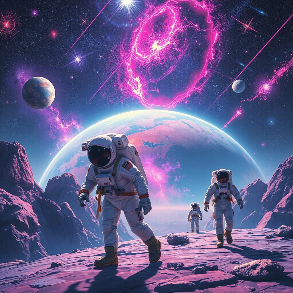 Astronauts Explore a Neon Galaxy in Sci-Fi Style
