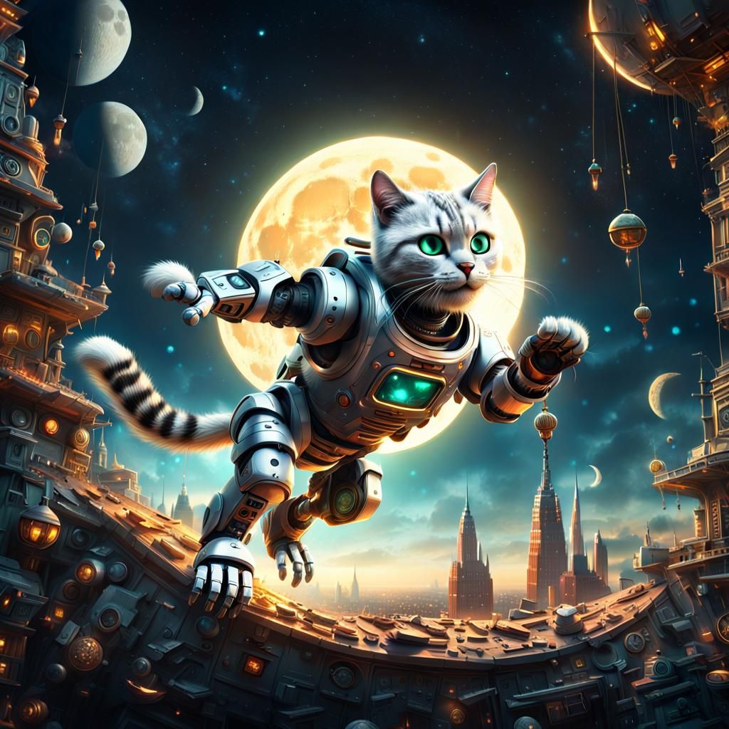 Robot Cat Jumps Over Moon: Digital Matte Painting