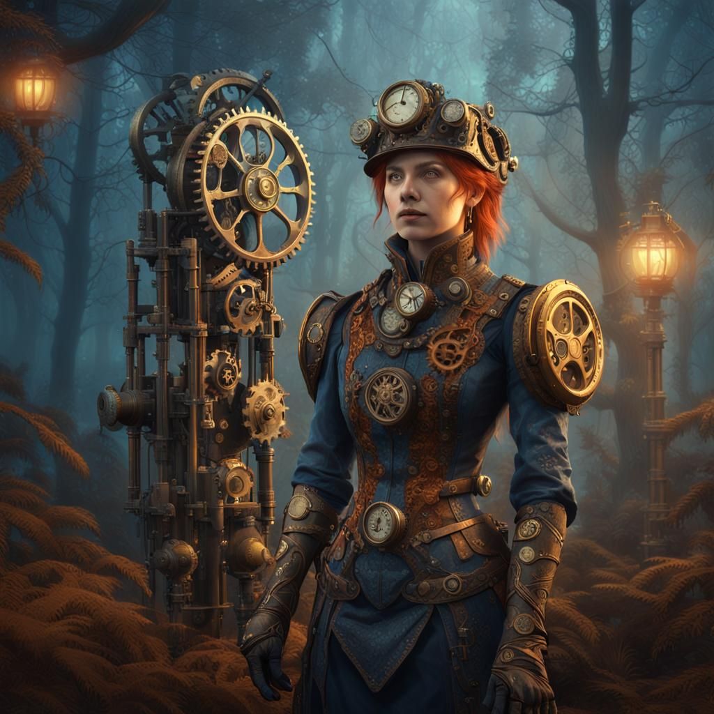 Steampunk Huldra in Moonlit Forest Concept Art