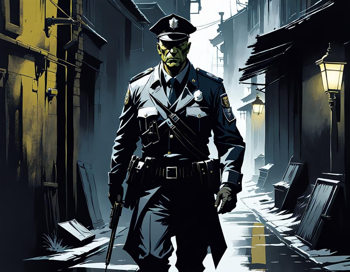 Half-Orc Officer Investigates Dark Alleyway