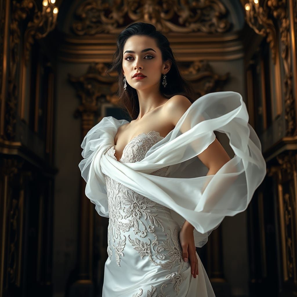 Ethereal Fashion Model in Baroque Setting