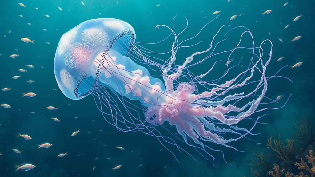 Surreal Underwater Scene with Iridescent Jellyfish and Shimm...