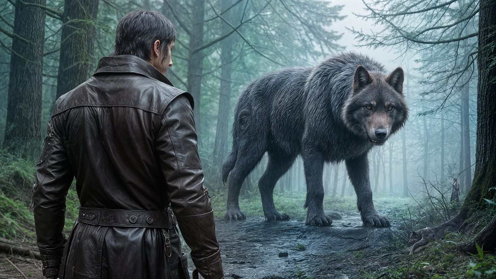 Dark Fantasy: Ranger, Wolf, and Defeated Monster