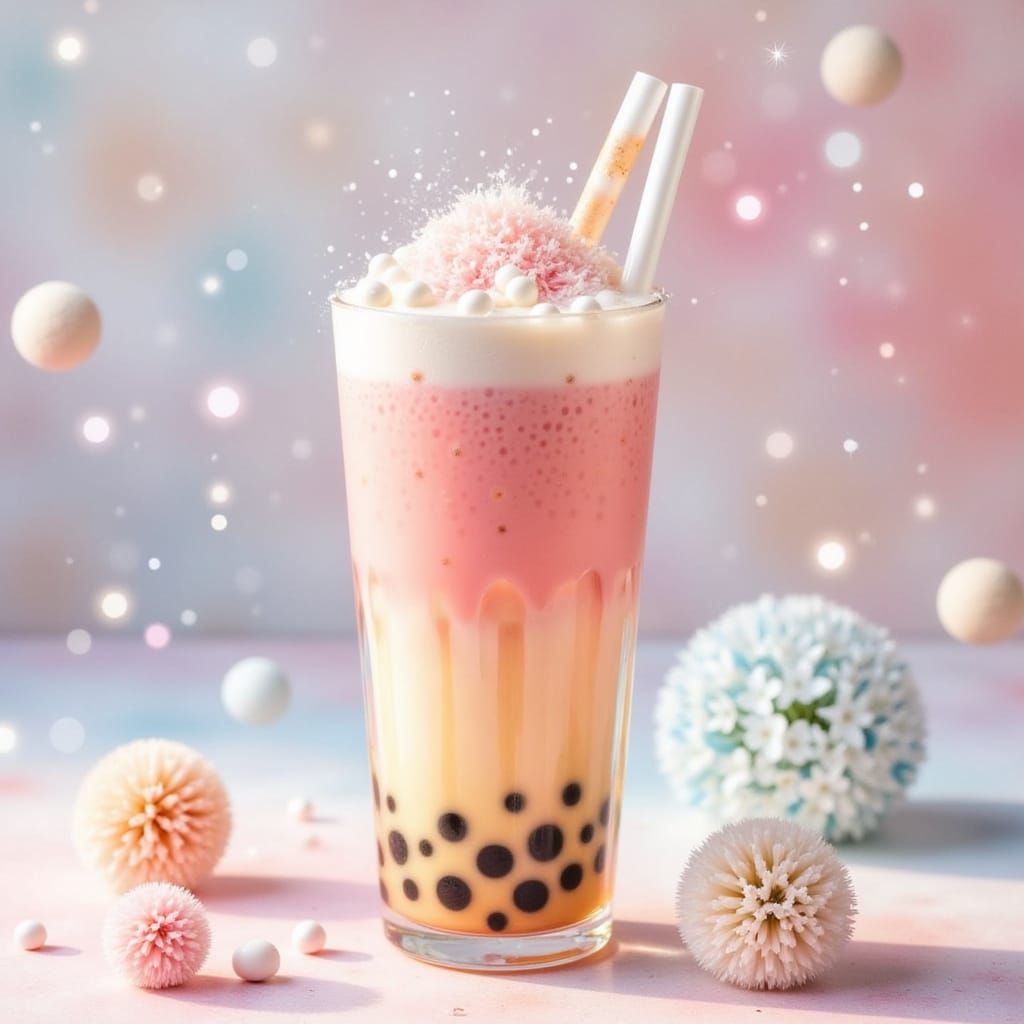 Vibrant Bubble Tea in Pastel Hues with Whimsical Textures