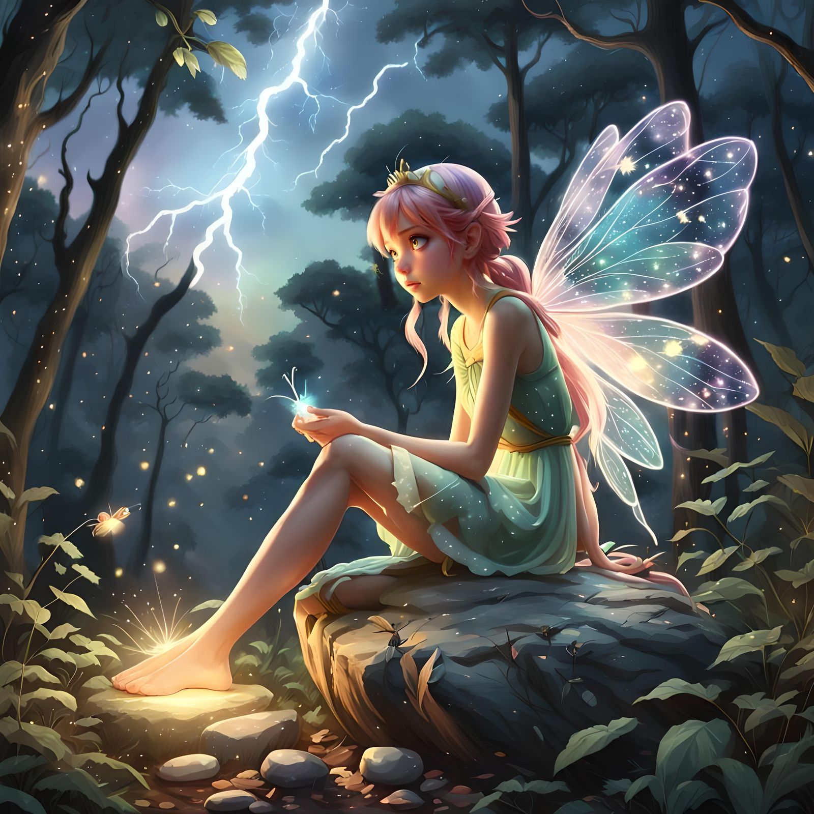 Fairy Chatting with Firefly in Forest: Anime Art
