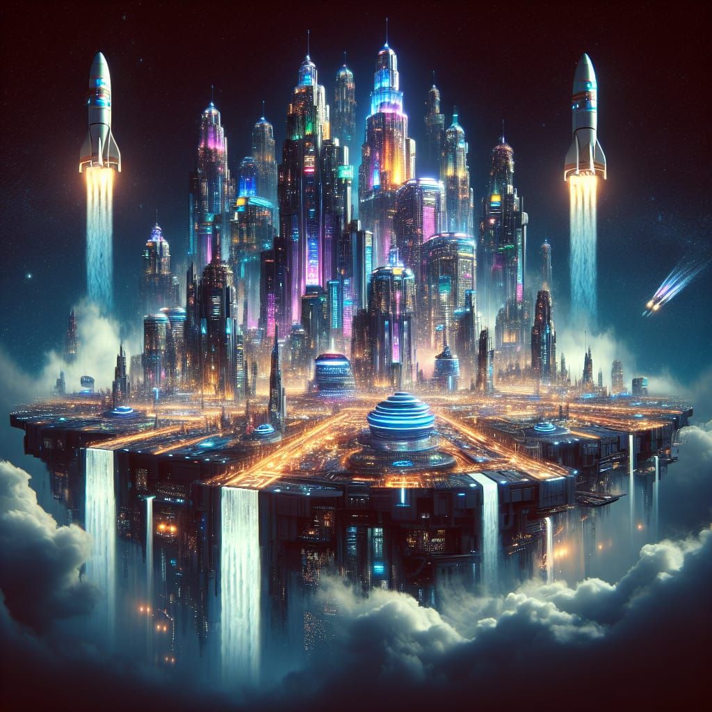 Futuristic Las Vegas Floating City in Dreamlike Double Expos...