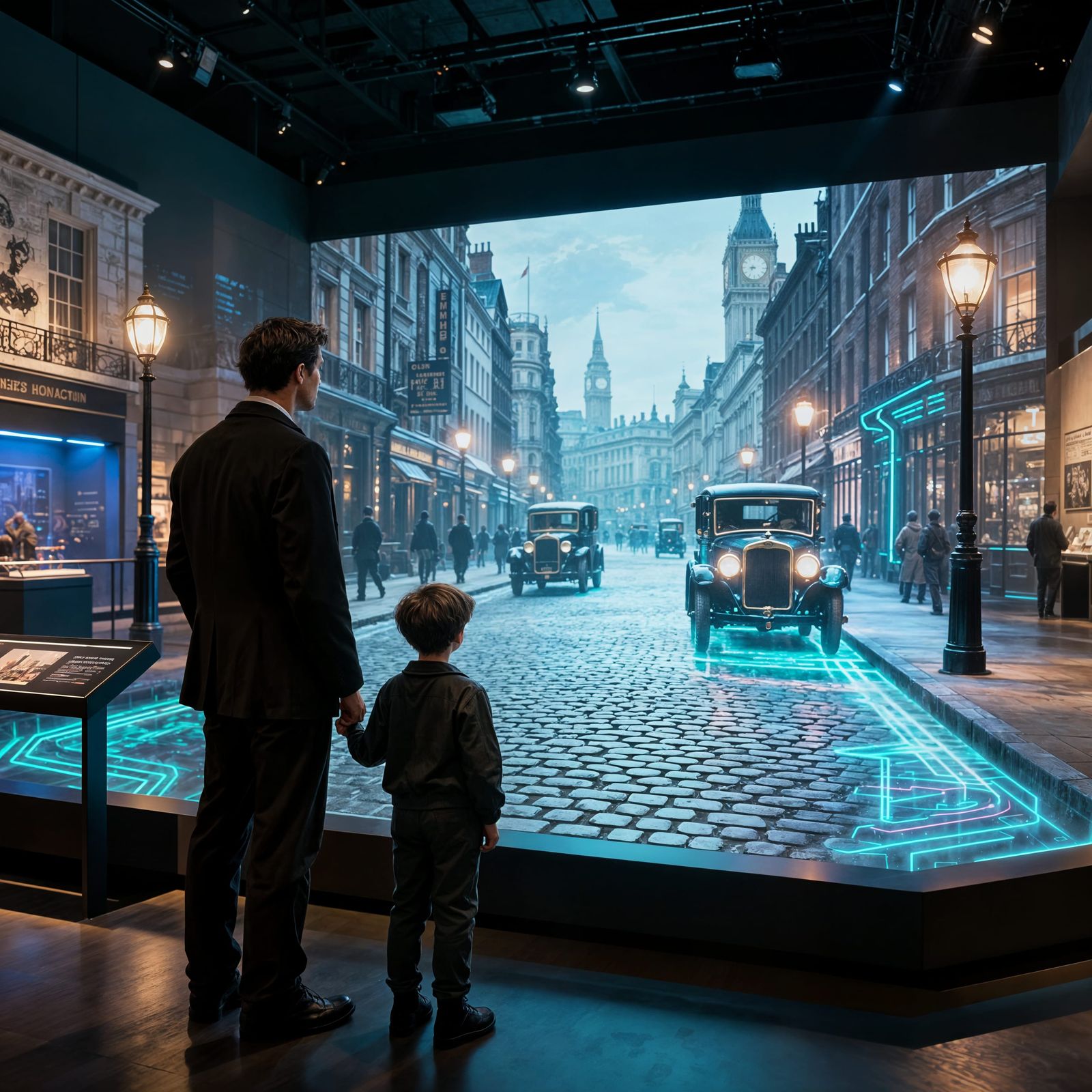 Futuristic Museum Scene: Father and Son View Holographic Lon...