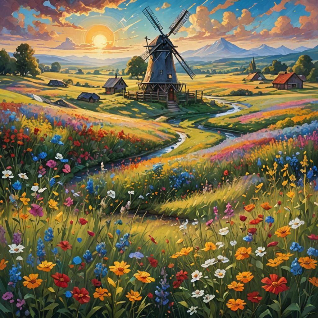 Windmill sail turning lazily in a field of wildflowers.