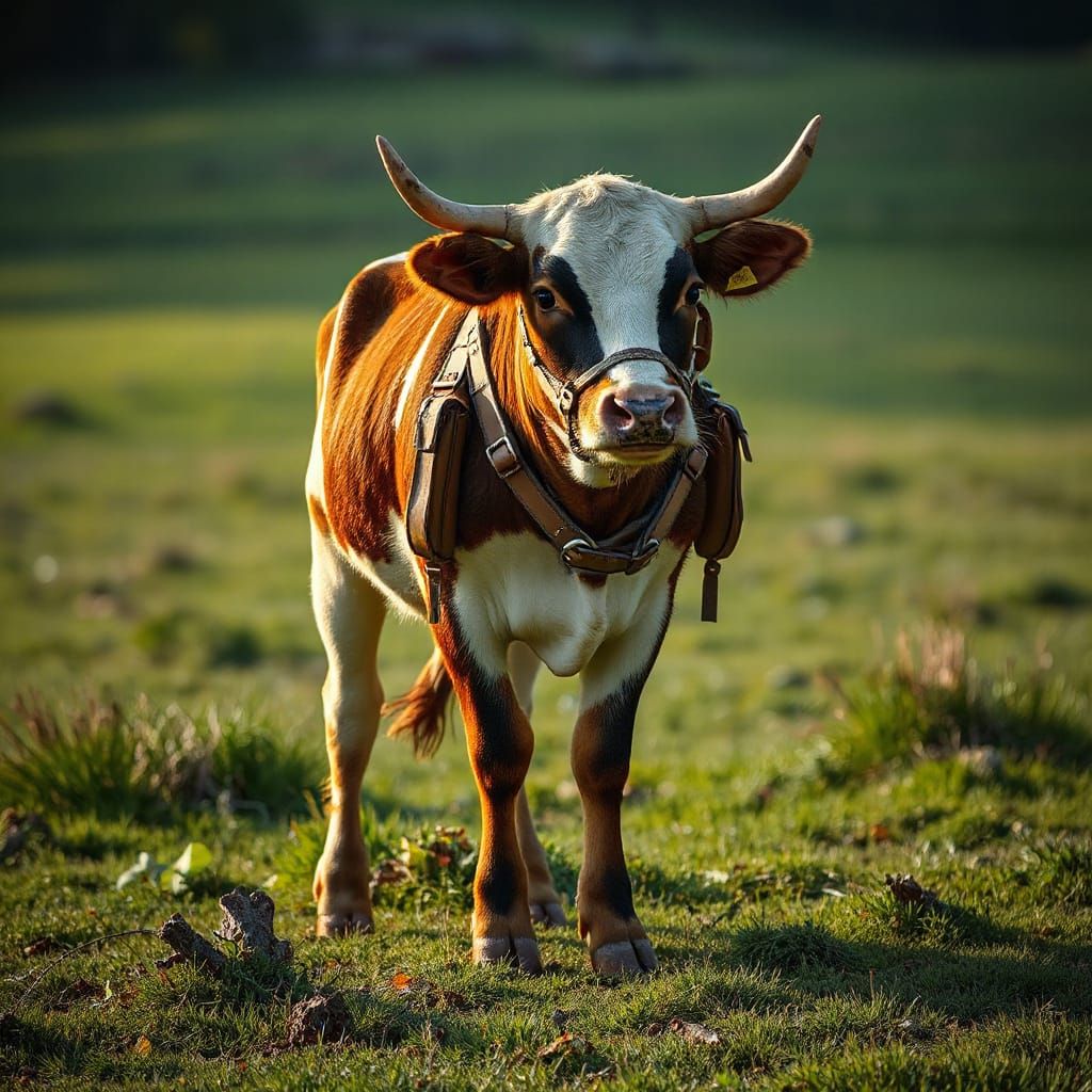 Bovine with Eight Legs Stands in a Lush Meadow