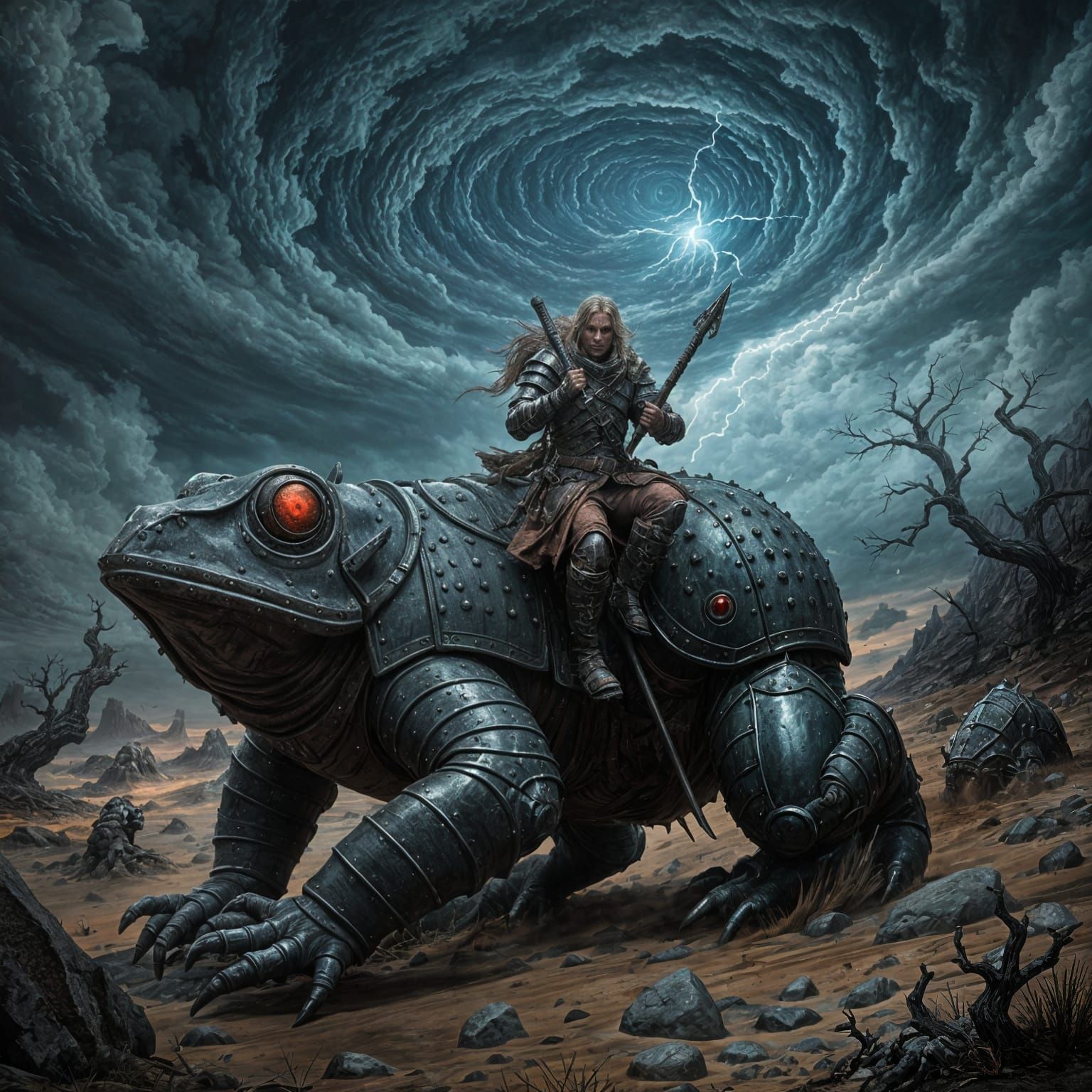 Nomadic Warrior Rides Armored Frog in Wasteland