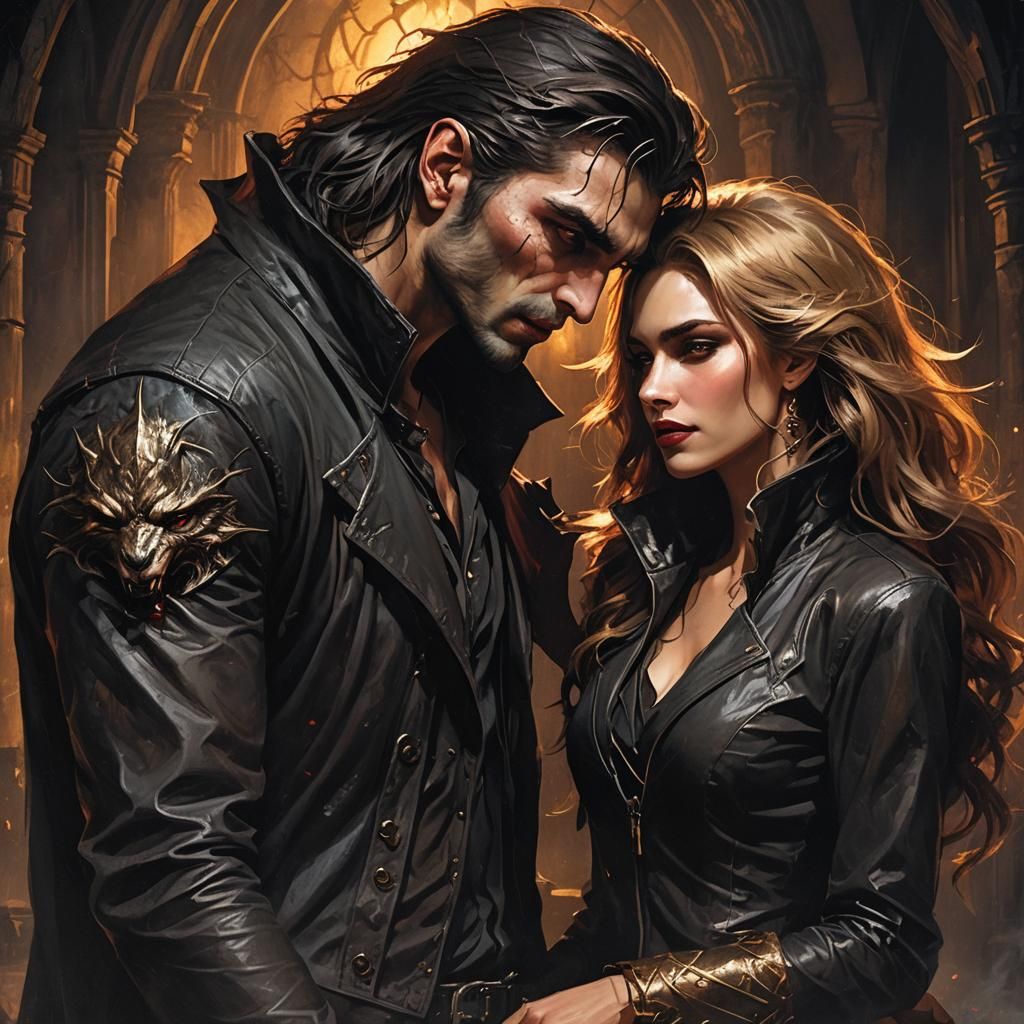 Vampire and Lycan Couple in Dark Fantasy Style