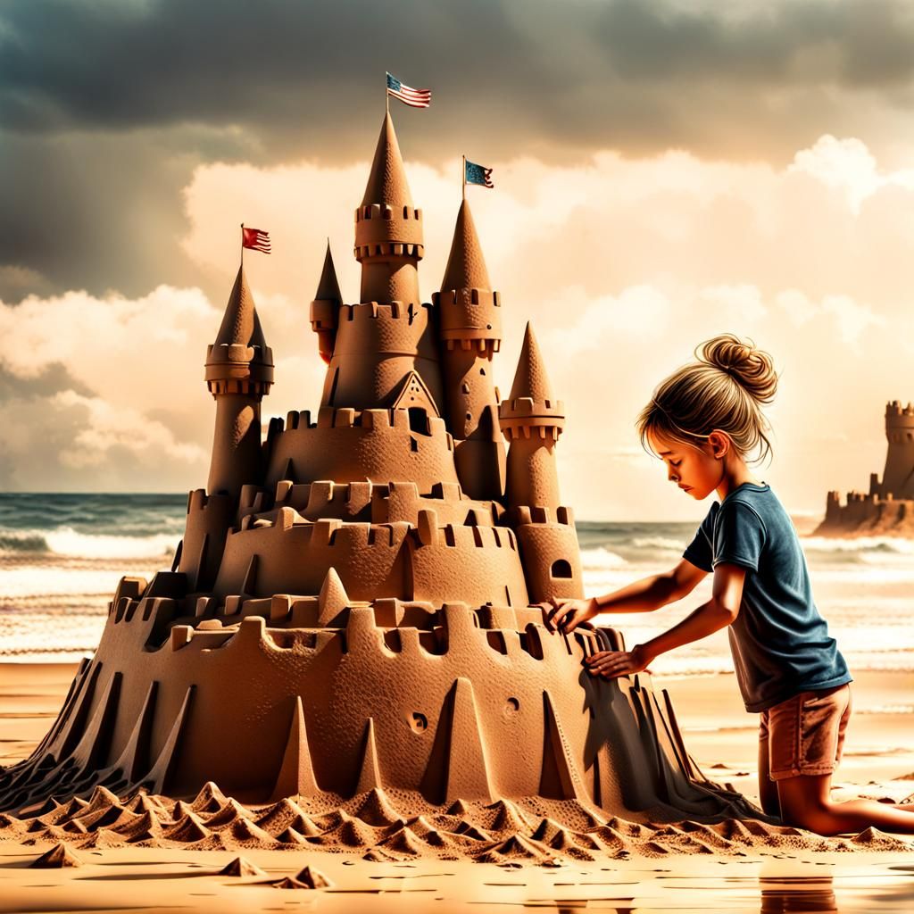 Children Building Sandcastles: Whimsical Folk Art