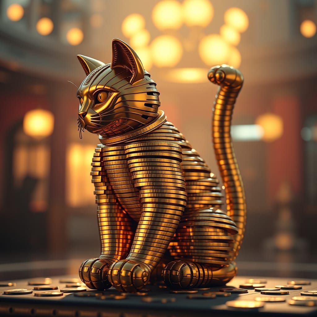 Golden Coin Cat Statue in Cinematic Light