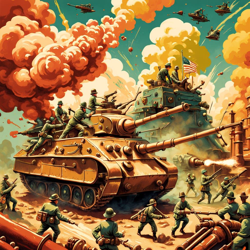 Toy Soldiers Battle Steampunk Tank in Painterly Style