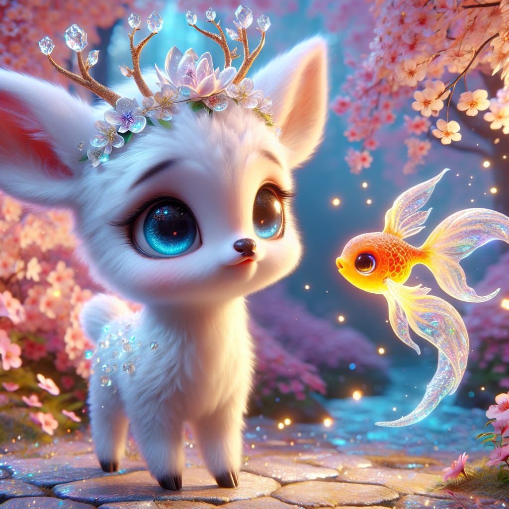 Adorable 3D Deer in Cherry Blossom Forest